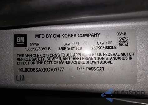 2019 Chevrolet Spark 1Lt Cvt из США, поврежденный, VIN KL8CD6SAXKC701777